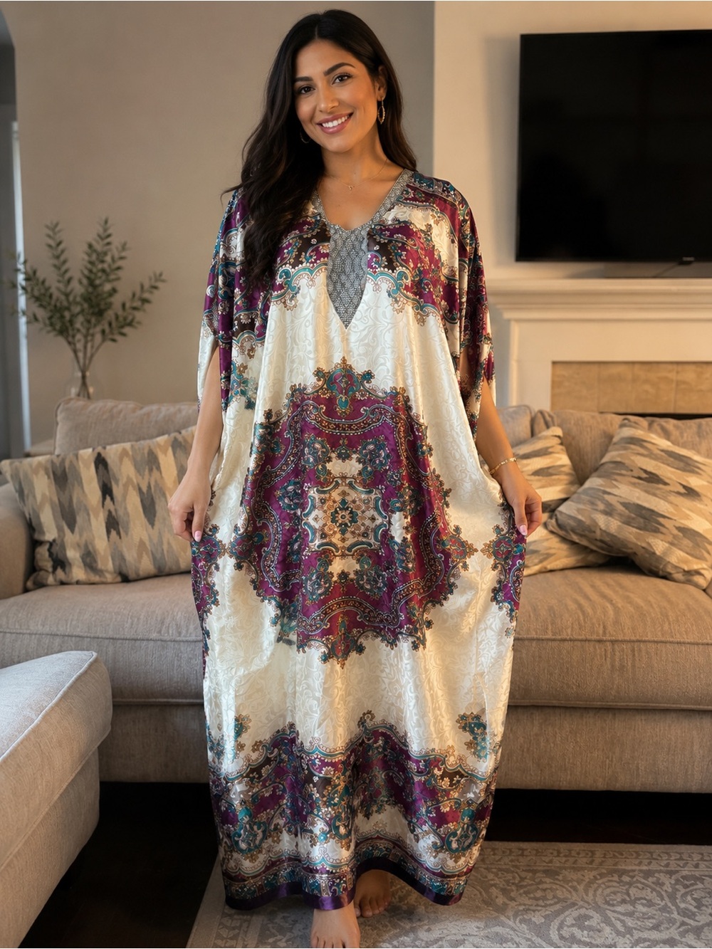 Galabiya Boho-Inspired Cream Caftan with Jewel-Toned Medallion Print